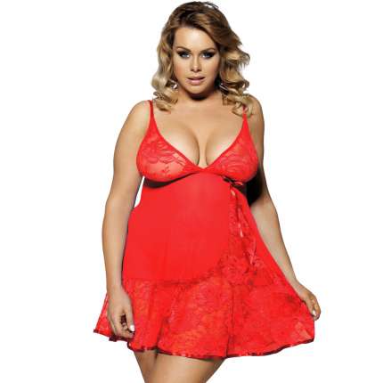 Babydoll Floral Renda Macia Vermelho Tamanho Grande,160082