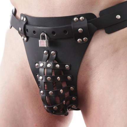 Cinto de Castidade Masculina de Couro com Harness para Plug Anal,143010